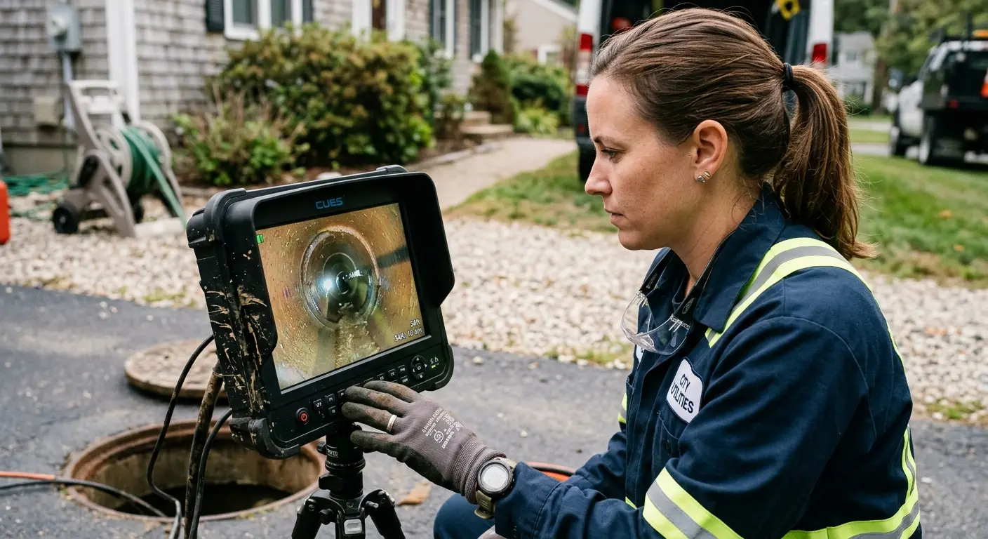 Technician reviewing sewer camera inspection footage in Clark