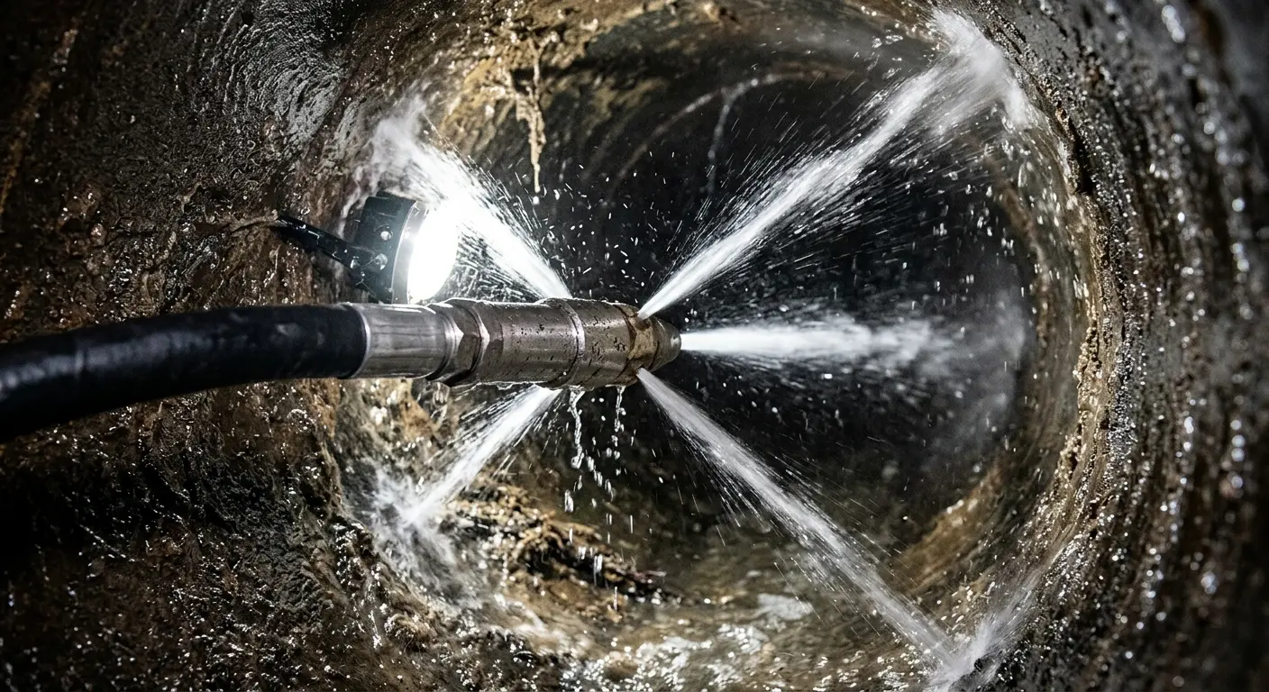 High-pressure hydro jetting nozzle cleaning sewer pipe for Trenchless Sewer Repair in Clark