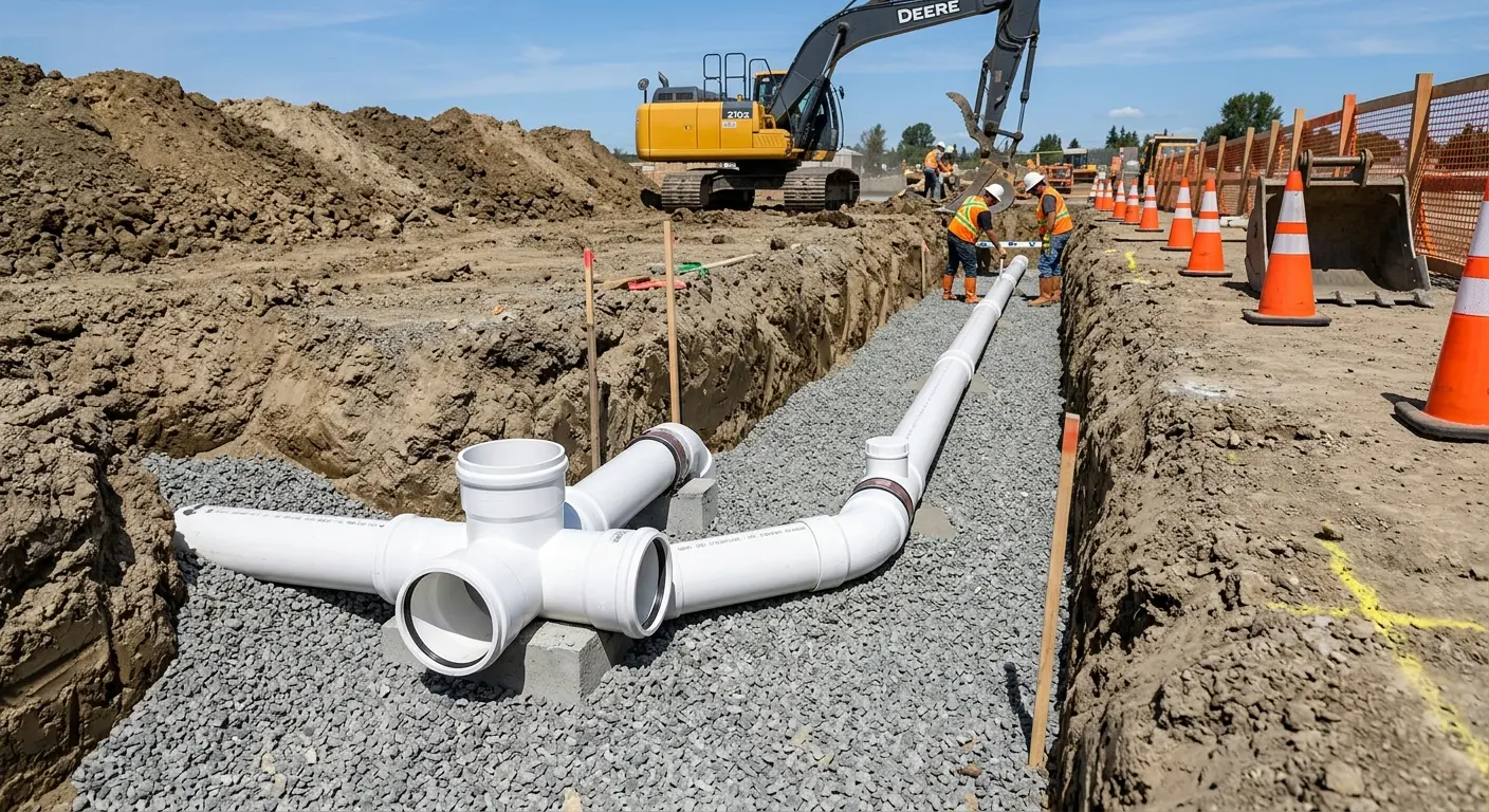 New PVC sewer pipe installation in open trench for Commercial Drain Cleaning in Clark