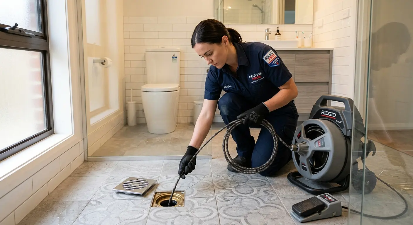 Technician clearing a bathroom floor drain for Clogged Drain Repair in Clark